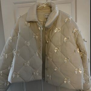 MARBLE Quilted Bow-Embellished Cream Puffer Jacket